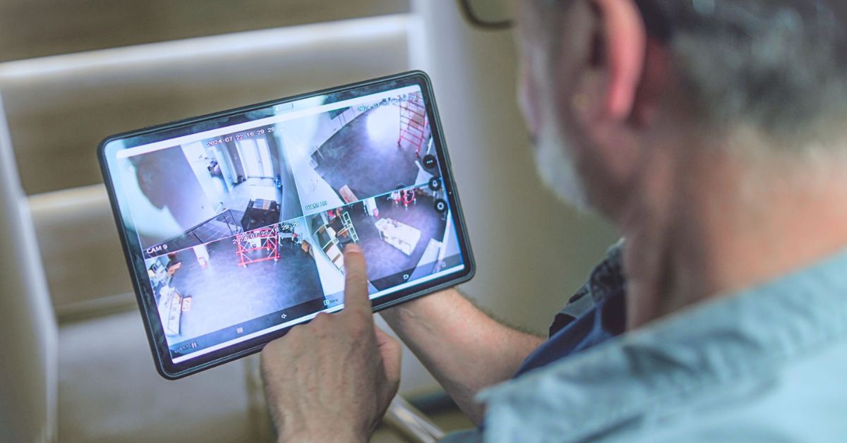 A man looking at a security system on a tablet