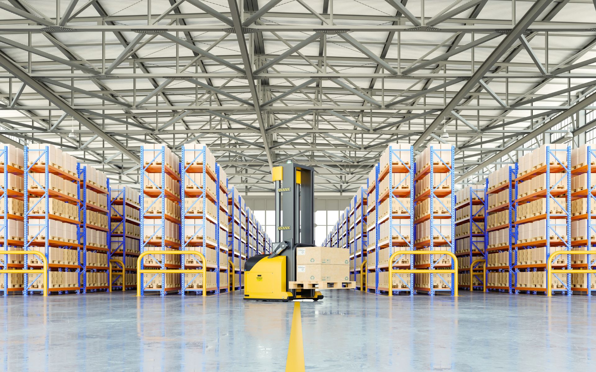 A forklift holding a pallet in a warehouse full of boxes