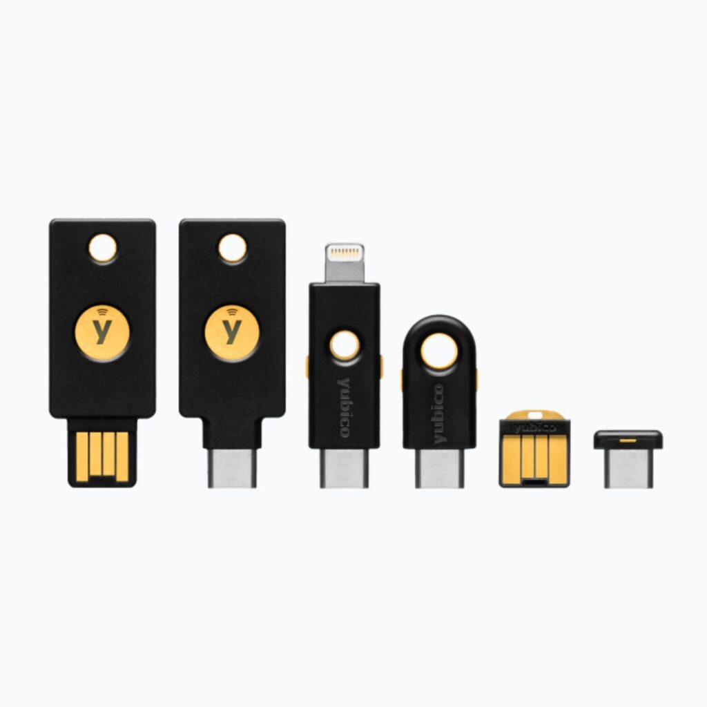 A selection of YubiKeys, including USB-A, USB-C, lightning, with variations in shape and size