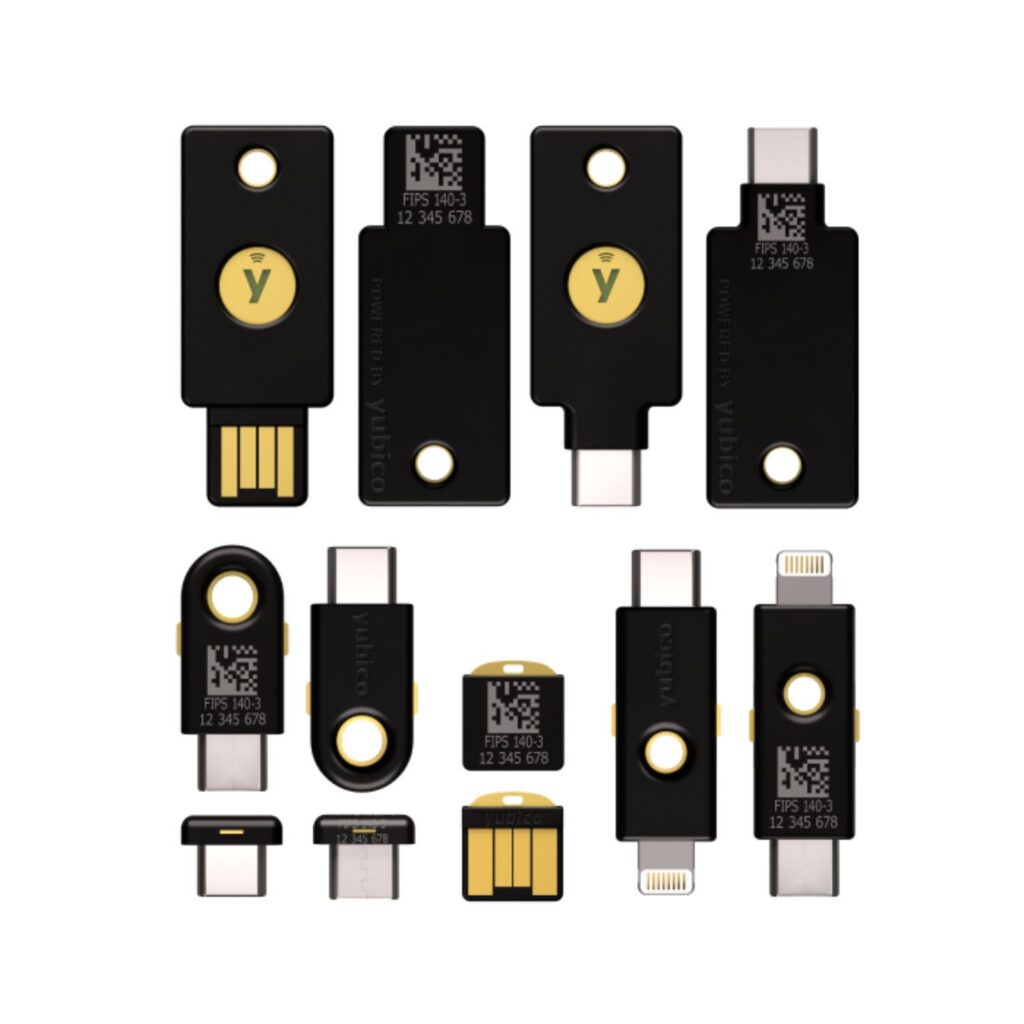 A selection of YubiKey FIPS keys, including USB-A, USB-C, lightning, with variations in shape and size