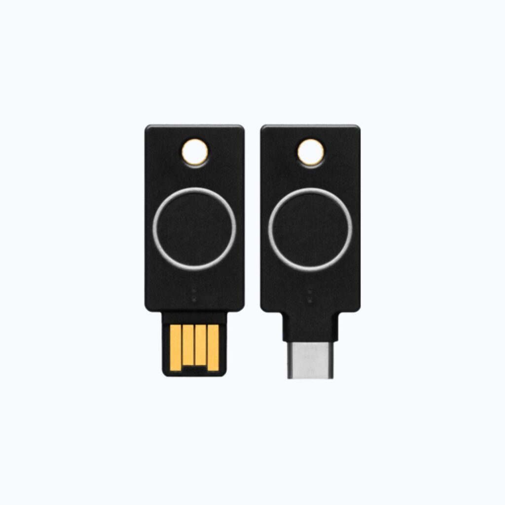 Two Yubico Bio YubiKeys (one USB-C and one USB-A)